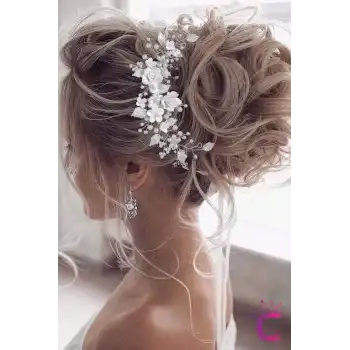 Zarif Beyaz Çiçekli İncili Gelin Tacı Gümüş - Helen Saç Bandı Topuz Tokası Düğün Nişan Aksesuarı