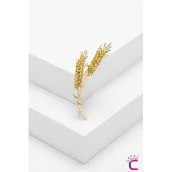 Zarif Buğday Başağı Tasarım Taşlı Kadın Broş Gold - Hediyelik Elbise Ceket Yaka İğnesi Rozet