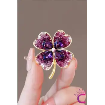 Zarif Çiçekli Kristal Taşlı Mor Yonca Tasarım Kadın Broş - Hediyelik Elbise Ceket Yaka İğnesi Broşu