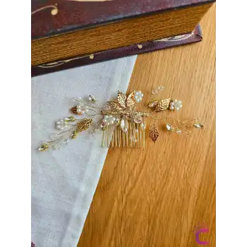 Zarif İncili Kristal Taşlı Gold Yapraklı Gelin Tacı Tokası Taraklı - Düğün Nişan Nikah Saç Aksesuarı