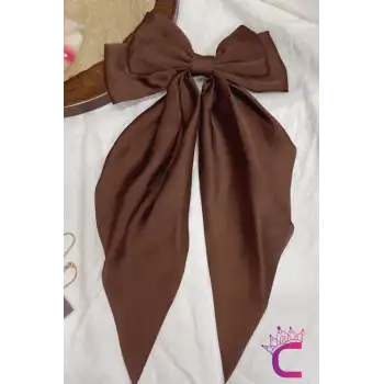 Zarif Kadın Büyük Otomatik Saten Fiyonk Toka Kahverengi - Kurdeleli Fiyonklu Klipsli Saç Tokası