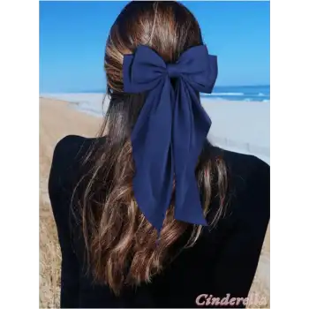 Zarif Kadın Saten Büyük Fiyonk Otomatik Toka Lacivert - Kurdele Fiyonklu Klipsli Saç Tokası