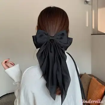 Zarif Kadın Saten Büyük Fiyonk Otomatik Toka Siyah - Kurdele Fiyonklu Klipsli Saç Tokası