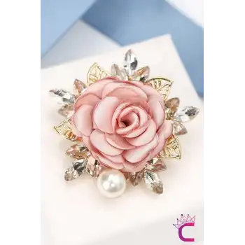 Zarif Kristal Taşlı İncili Kumaş Çiçekli Kadın Gül Broş - Hediyelik Düğün Aksesuar Yaka İğnesi