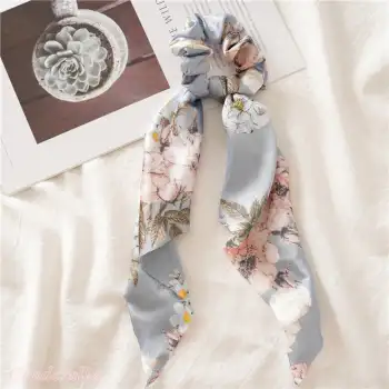 Zarif Lüks Saten Kumaş Fularlı Lastik Toka Mavi Desenli - Kadın Scrunchie Lastikli Saç Tokası