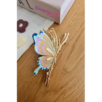 Zarif Mineli Kelebek Metal Kadın Mandal Toka 11cm - Kelebekli Mandallı Saç Topuz Tokası Hediyelik