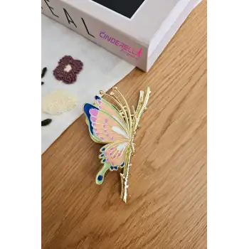 Zarif Mineli Kelebek Metal Kadın Mandal Toka 11cm - Kelebekli Mandallı Saç Topuz Tokası Hediyelik
