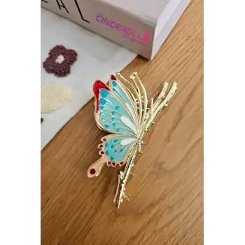 Zarif Mineli Kelebek Metal Kadın Mandal Toka 11cm - Kelebekli Mandallı Saç Topuz Tokası Hediyelik