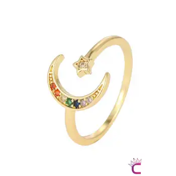 Zarif Minimal Kadın 18k Altın Kaplama Renkli Taşlı Ay Yıldızlı Yüzük - Ayarlanabilir Çelik Yüzük