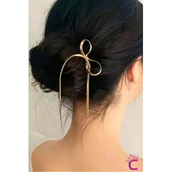 Zarif Sallantılı Kurdeleli Fiyonklu Kadın Gold Metal Firkete Topuz Tokası - Sevgiliye Hediyelik Toka