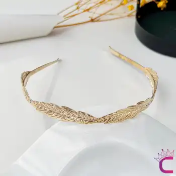 Zarif Yaprak Tasarım Gelin Tacı Gold Renk - Düğün Nişan Nikah Söz Doğum Günü Kadın Taç Saç Bandı