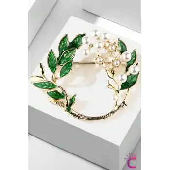 Zarif Yeşil Yapraklı İncili Çiçekli Kadın Çelenk Broş - Hediyelik Elbise Ceket Yaka İğnesi Rozeti