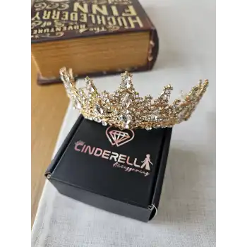 Zirkon Taş İşlemeli Kraliçe Prenses Gelin Tacı Gold - Kristal Taşlı Düğün Nişan Nikah Söz Aksesuar