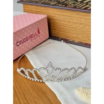 Zirkon Taşlı Kız Çocuk Prenses Tacı Gümüş Renk - Düğün Kına Kuran Doğum Günü Taç Saç Bandı Toka