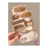 10lu Kalpli Ayıcıklı Çiçekli Kız Çocuk Pens Toka Seti Kahve Tonlu - Örgü Çıtçıtlı Klips Saç Tokası