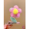 2li 3D Boyutlu Pembe Sarı Ponponlu Pullu Çiçekli Yeşil Yapraklı Sallanan Pens Toka Seti Saç Tokası