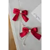 2li İncili Sallantılı Kırmızı Fiyonk Pens Toka Seti - Zarif Kız Çocuk Kurdeleli Fiyonklu Saç Tokası