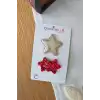 2li Kırmızı Gold Renkli Yıldızlı Yumuşak Saçsız Bebek Tokası - Az Saçlı Kız Bebek Çıt Çıt Toka Seti