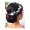 Beyaz Çiçekli İncili Kristal Taşlı Gelin Tacı Saç Bandı Tokası Gümüş - Düğün Nikah Nişan Aksesuarı