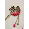 Tavus Kuşu Sallantılı Pembe Taşlı Vintage Japon Saç Topuz Tokası 16cm - Metal Saç Topuz Çubuğu