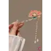 Peony Zirkon Taşlı Pembe Çiçekli Japon Topuz Tokası 16cm - Zarif Sallantılı İncili Metal Çubuk Toka