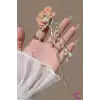 Peony Zirkon Taşlı Pembe Çiçekli Japon Topuz Tokası 16cm - Zarif Sallantılı İncili Metal Çubuk Toka