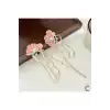 Peony Zirkon Taşlı Pembe Çiçekli Japon Topuz Tokası 16cm - Zarif Sallantılı İncili Metal Çubuk Toka