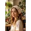 Çiçek Motifli Örme Bohem Üçgen Bandana Ekru - Hediyelik Yazlık Plaj Tatil File Örgü Saç Bandanası