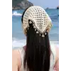 Sallantılı Deniz Kabuğu Yıldızlı Plaj Saç Bandanası - Yazlık Bohem El Örgüsü Örme Üçgen Bandana
