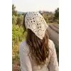 Bohem Güneş Motifli Crochet Saç Bandanası Ekru - El Örgüsü Delikli File Örme Üçgen Bandana Fular