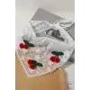 3D Boyutlu Kirazlı Beyaz Tül Çiçekli Puantiyeli Bohem Dantelli Saç Bandanası - Yazlık Üçgen Bandana