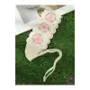 Bohem Pembe Çiçekli Yarım Tarz Bandana Saç Bandı - Yazlık Delikli El Örgüsü File Örme Saç Bandanası