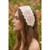 Bohem Pembe Çiçekli Yarım Tarz Bandana Saç Bandı - Yazlık Delikli El Örgüsü File Örme Saç Bandanası