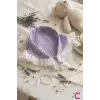 Mor Beyaz Pötikare Fırfırlı Bohem Taçlı Bandana - Çocuk Kadın Saç Bandı Toka Üçgen Saç Bandanası