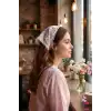 Pembe Lila Çiçekli Beyaz Dantelli Yazlık Bohem Taç Bandana - Üçgen Saç Bandanası Saç Bandı Toka