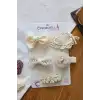 Zarafet Serisi 5li Bayram Özel 5li Kız Bebek Çocuk Ekru Krem Dantelli Gül Fiyonk Astarlı Toka Seti