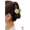 Beyaz Kamelya Çiçekli Sarmaşık Yapraklı Kadın Metal Mandal Toka Gold 11.5cm - Hediyelik Saç Tokası