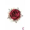 İncili Kristal Taşlı Kırmızı Kumaş Çiçek Gül Broş - Gold Yaprak Yaka Çiçeği İğnesi Aksesuar Hediyesi