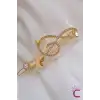Kelebekli Sol Anahtarı Notalı Müzik Taşlı Klips Toka 6 Cm - Zarif Gold Kıstırmalı Yan Saç Tokası