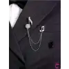 Müzik Notası Zirkon Taşlı Zincirli Broş Gümüş - Hediyelik Damat Yaka Zinciri Ceket Kıyafet İğnesi