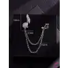Müzik Notası Zirkon Taşlı Zincirli Broş Gümüş - Hediyelik Damat Yaka Zinciri Ceket Kıyafet İğnesi