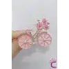 Pembe Çiçekli Kristal Taşlı İncili Bisiklet Tasarım Broş - Hediyelik Tatil Elbise Yaka İğnesi Broşu