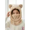 Sevimli Ayıcıklı Yumuşak Peluş Bere Boyunluklu Şapka Atkı Bir Arada Bej 3-12 Yaş Kışlık Hediyelik