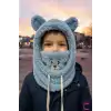 Sevimli Ayıcıklı Yumuşak Peluş Bere Boyunluklu Şapka Atkı Bir Arada Mavi 3-12 Yaş Kışlık Hediyelik