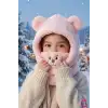 Sevimli Ayıcıklı Yumuşak Peluş Bere Boyunluklu Şapka Atkı Bir Arada Pembe 3-12 Yaş Kışlık Hediyelik