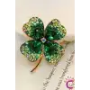 Zarif Çiçekli Kristal Taşlı Yeşil Yonca Tasarım Kadın Broş - Hediyelik Elbise Yaka İğnesi Broşu