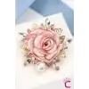 Zarif Kristal Taşlı İncili Kumaş Çiçekli Kadın Gül Broş - Hediyelik Düğün Aksesuar Yaka İğnesi