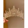 Zirkon Taş İşlemeli Kraliçe Prenses Gelin Tacı Gold - Kristal Taşlı Düğün Nişan Nikah Söz Aksesuar