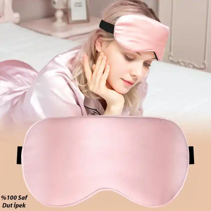 %100 Saf Dut Ipek Ayarlanabilir Uyku Bandı Maskesi Pembe - Terletmez Ultra Ince Rahat Uyku Gözlüğü