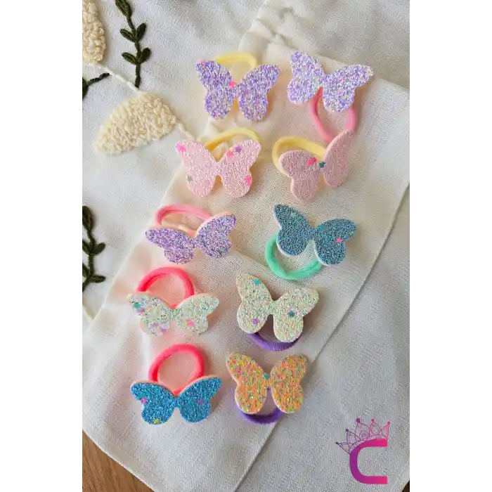 10lu Çantalı Yumuşak Acıtmaz Havlu Lastikli Simli Kelebekli Kız Çocuk Bebek Lastik Saç Toka Seti